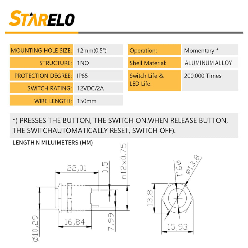 STARELO 5pcs 12mm Momentary Push Button Switch Black Shell with pre-Wiring, IP65 Waterproof Push Button Switch,Aluminum Alloy 1 Normally Open Without LED. 12mm Black Shell