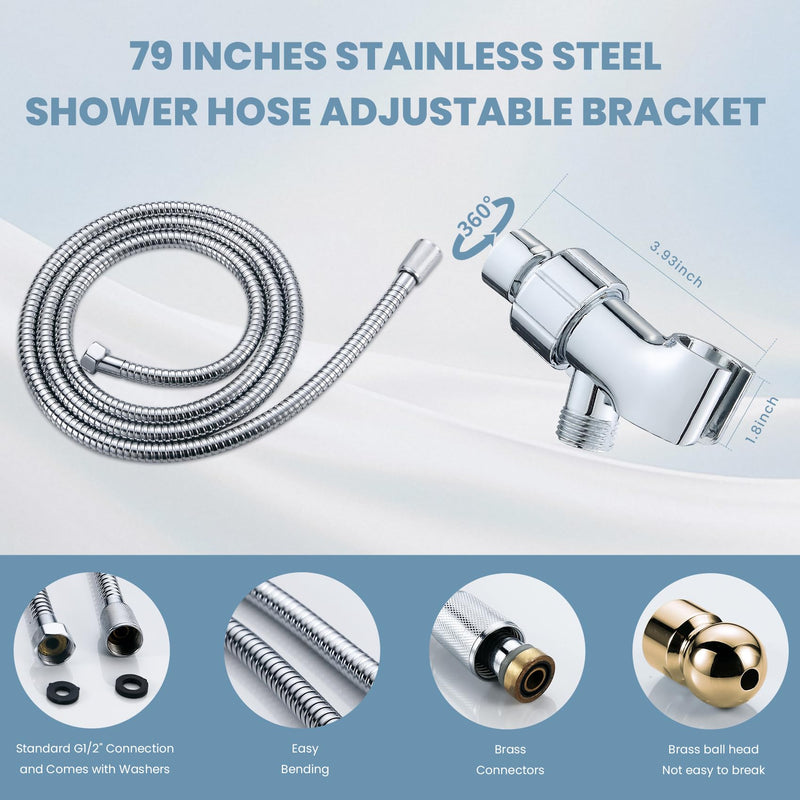 Handheld Shower Heads with ON OFF Switch,Extra Long 79-inch Hose 8 Spray Settings High Pressure Detachable Showerhead,Built-in Power Sprayer to Clean Pets, Adjustable Angle Bracket,Silver