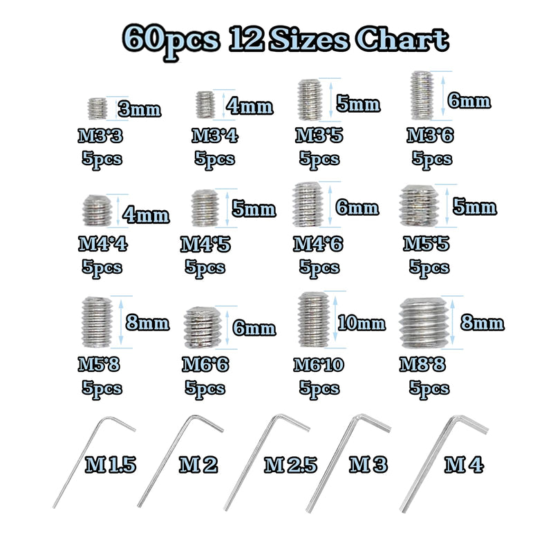 60pcs Set Screws, Allen Head Screws, Grub Screws M3 M4 M5 M6 M8 for Home Repair, Install Door Lock, Repair Furniture, Electronic Product, DIY, Fixtures (Stainless Steel 12 Sizes) 60pcs(Stainless Steel 12 Sizes)