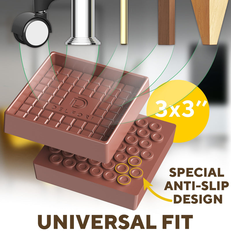 4pcs Non Slip Furniture Pads - Furniture Cups to Prevent Sliding for Couch, Bed, Chair - Premium 3x3 Anti Skid Stoppers for Hardwood, Tile Floors - Perfect Coasters That Fit Any Feet Shape (Brown) Brown 3" x 3"