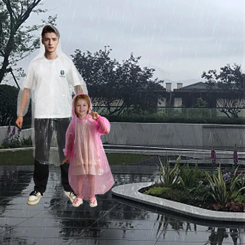 Ponchos Family Pack, (8 Pack) Rain Poncho for Adults and Kids Disposable Emergency Rain Ponchos 5 Adult +3 Child