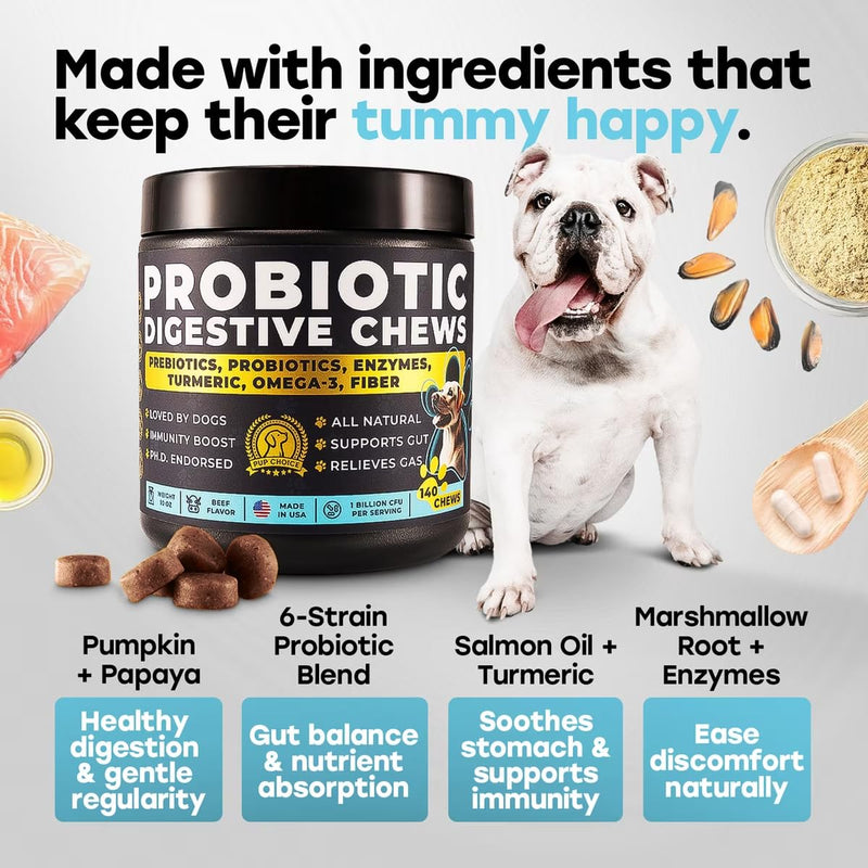 Probiotics for Dogs – Digestion, Gut Health & Firmer Stool | 1 Billion CFU, 6 Strains with Pumpkin, Papaya & Turmeric for All Breeds – Beef Soft Chews Probiotics - Beef 1 Pack