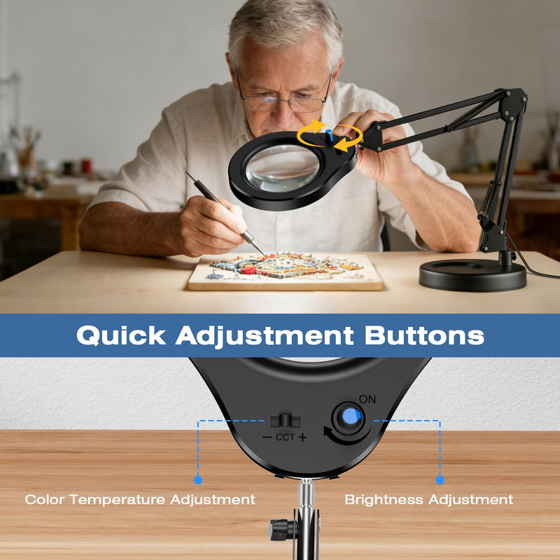 10X Magnifying Glass with Light and Stand, 5 Color Modes & Stepless Dimmable LED Magnifying Lamp, Hands Free Desktop Lamp for Reading, Crafts, Hobby and Close Work