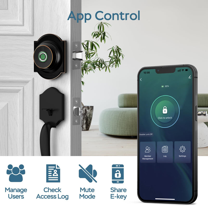 GeekTale Fingerprint Deadbolt with App, Smart Deadbolt Lock for Front Door, Keyless Entry Door Lock, Biometric Dead Bolt, Electronic Door Knob Black- Peltate