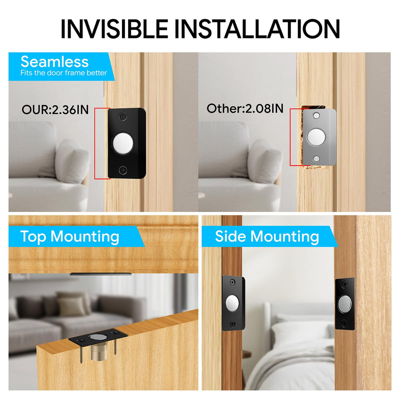 Mousike Door Ball Catch Hardware, Adjustable Hidden Magnetic Ball Catch, Stainless Steel Strike Plate with Strong Suction, Door Ball Catch Replacement for Top of Door (4 Pack, Black) 4 Pcak - Magnetic