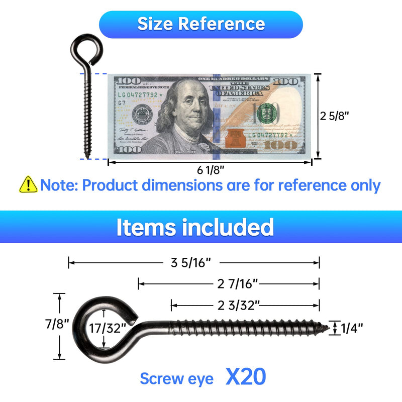 Muzata 20Pack 3.3 Inch M6 Black Eye Hooks Screw Stainless Steel Eye Screws Heavy Duty Screw Eyes for Wood Securing Cables Wire Eyelet Screw Hooks Self Tapping Eyebolt Screw in Indoor Outdoor CR18 20P