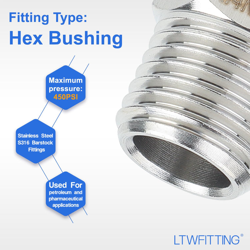 LTWFITTING Bar Production Stainless Steel 316 Pipe Hex Bushing Reducer Fittings 1/4" Male x 1/8" Female NPT Fuel Water Boat (Pack of 25)