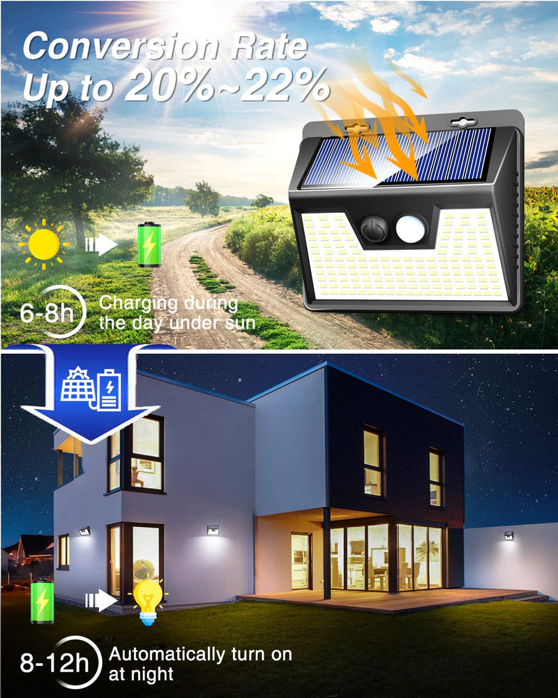 Peasur Solar Lights Outdoor Motion Sensor, 6 Pack 140 LED Solar Powered Fence Light Waterproof, 3 Modes Solar Security Wall Lighting for Outside Yard Deck Garden Black Frame
