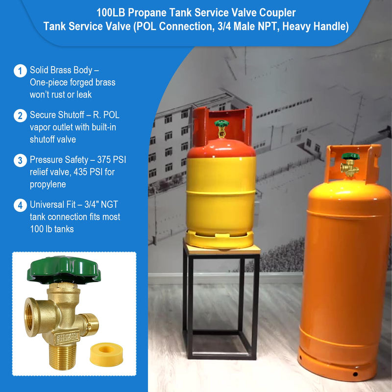 Propane Tank Adapter, 100LB Propane Vapor Tank Service Valve Coupler, Tank Service Valve (POL Connection, 3/4 Male NPT, Heavy Handle) - Fits for Grills, Heaters, RVs, Fryers & Outdoor Propane Setups.