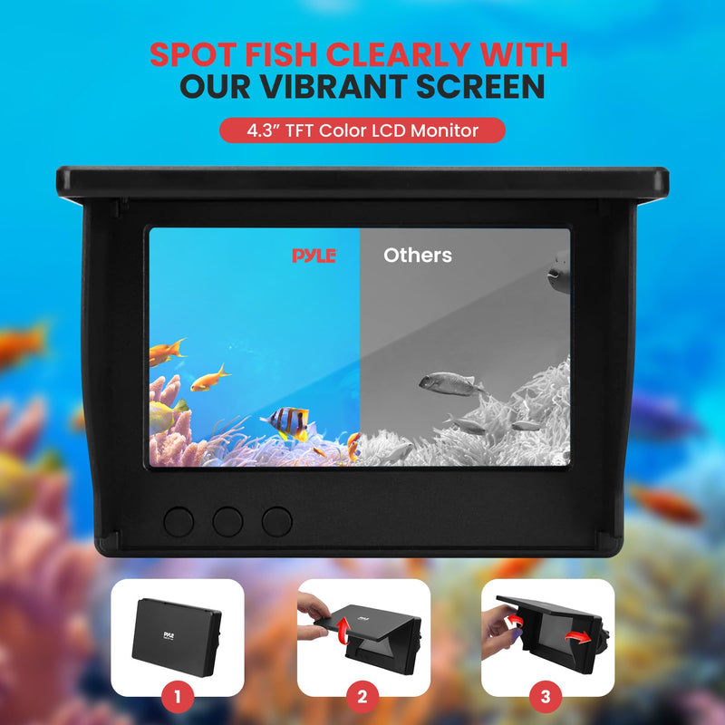Pyle 4.3” Portable Underwater Fishing Camera with TFT LCD Monitor, 1000TVL IP68 Waterproof Camera, 12 Infrared Lights, Rechargeable Battery, Carrying Case & Sunshield for Ice and Sea Fishing