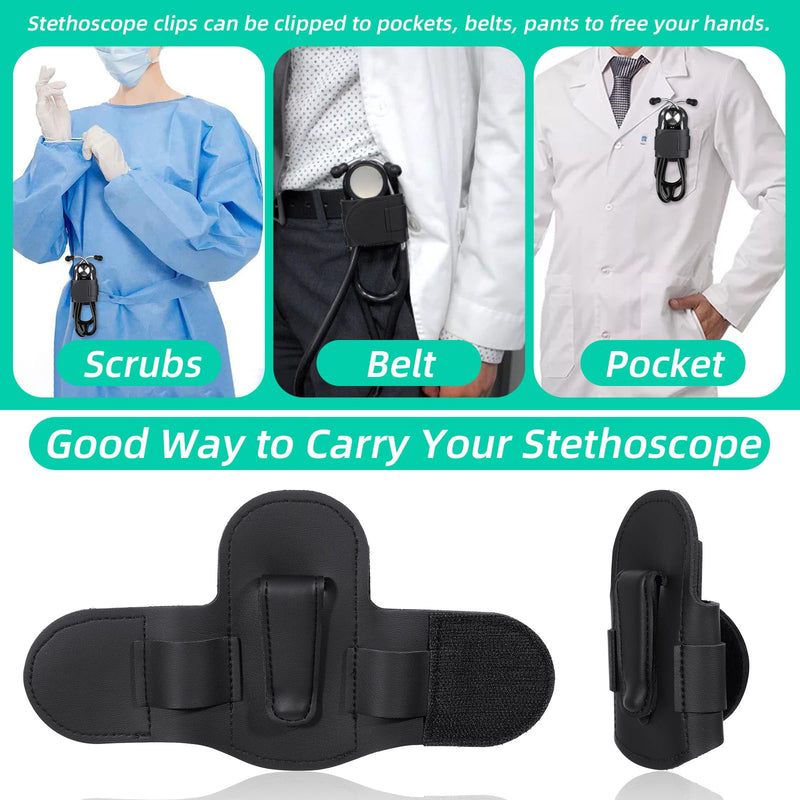 Tethoscope Holder Clip for Scrubs - PU Black Leather Stethoscope Clip for Scrubs - White Coats, Belts