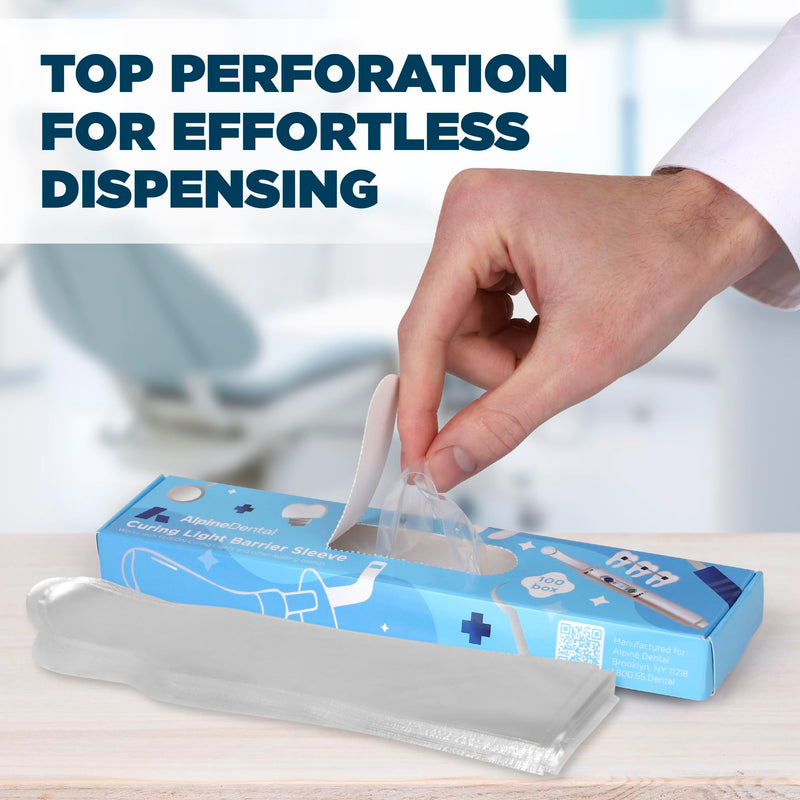 Alpine Dental Curing Light Barrier Sleeves, Clear Protective Cover for Dental Handpiece, Fits A Variety of Curing Lights 8"x1.6" 100 per Box