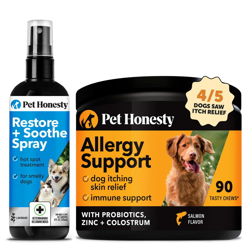 Virtual Bundle Restore + Soothe Hot Spots Spray for Dogs & Cats (Lavender) 4oz + Allergy Support Itch Relief for Dogs - Dog Allergy Chews w/ Probiotics for Seasonal Allergies, Skin and Coat Supplement