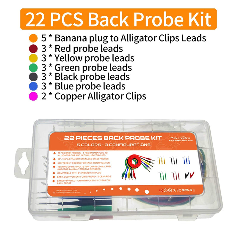 Makeronics 22PCS Back Probe Kit |15 Pcs 30V Back Probe Pin | 5 Pcs 4mm Banana Plug to Alligator Clip Circuit Test Wires (39.37 inch / 1m Length) | 2 PCS Alligator Clips 22 PCS