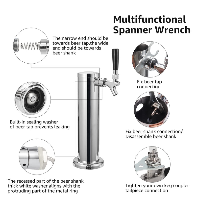 Draft Beer Shank Faucet, No Leak 1/4'' Beer Barb Fitting Stainless Core Beer Tap Self-Closing Spring Tap Wrench Hose Clamp Brewing Kegerator Tower Replacement Kit for 3/16'' Beer Line Tubing