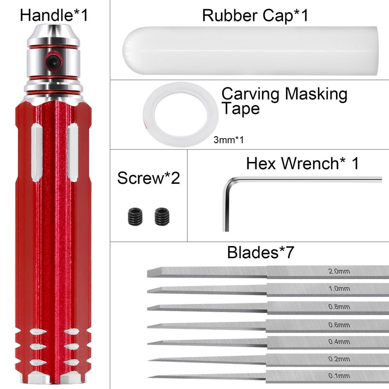 Prime Model Scriber Gundam Resin Carved Scribe Line Hobby Cutting Tool Chisel, 7 Model Chisel Blades (0.1/0.2/0.4/0.6/0.8/1.0/2.0mm) with Rubber Cap + Carving Masking Tape 3mmx20m (Red)