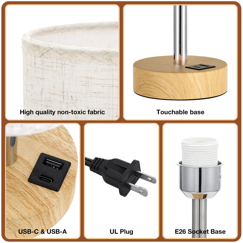 Touch Bedside Table Lamp with USB - 3 Way Dimmable Wood Lamp for Bedroom Nightstand, Desk Lamp with Charging Station for Dorm, Living Room, Office, Kids Room, Nursery, Small Cream & Wooden