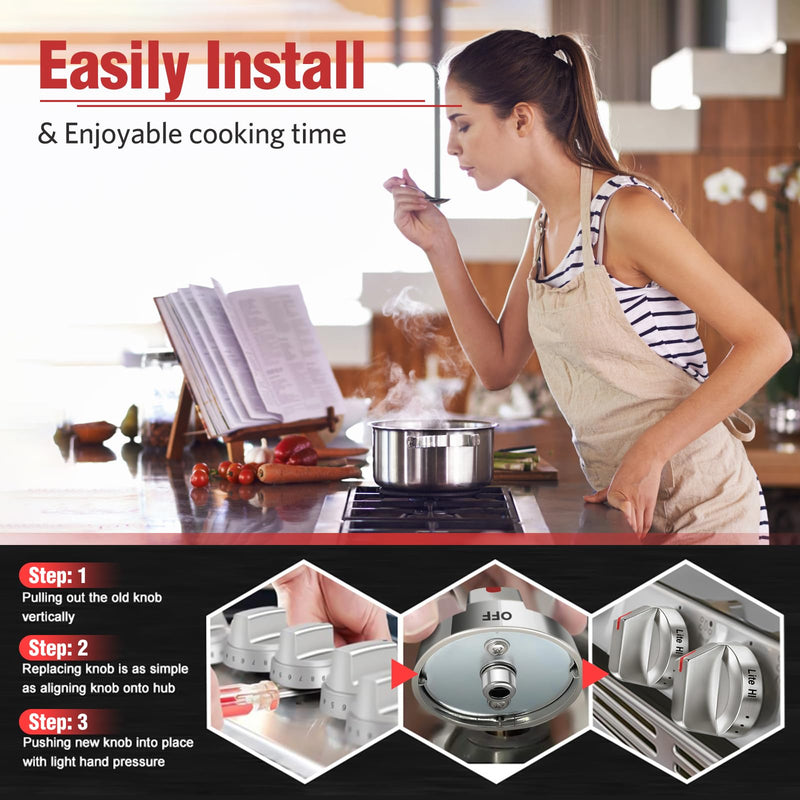 DG64-00473A Upgraded Stove Knob Oven Knobs Replacement Compatible with Samsung Gas Range Oven Stove Part NX58H5600SS NX58H5650WS NX58K7850SS - Top Burner Control Dial Perilla Great Steel 5 Pack Silver