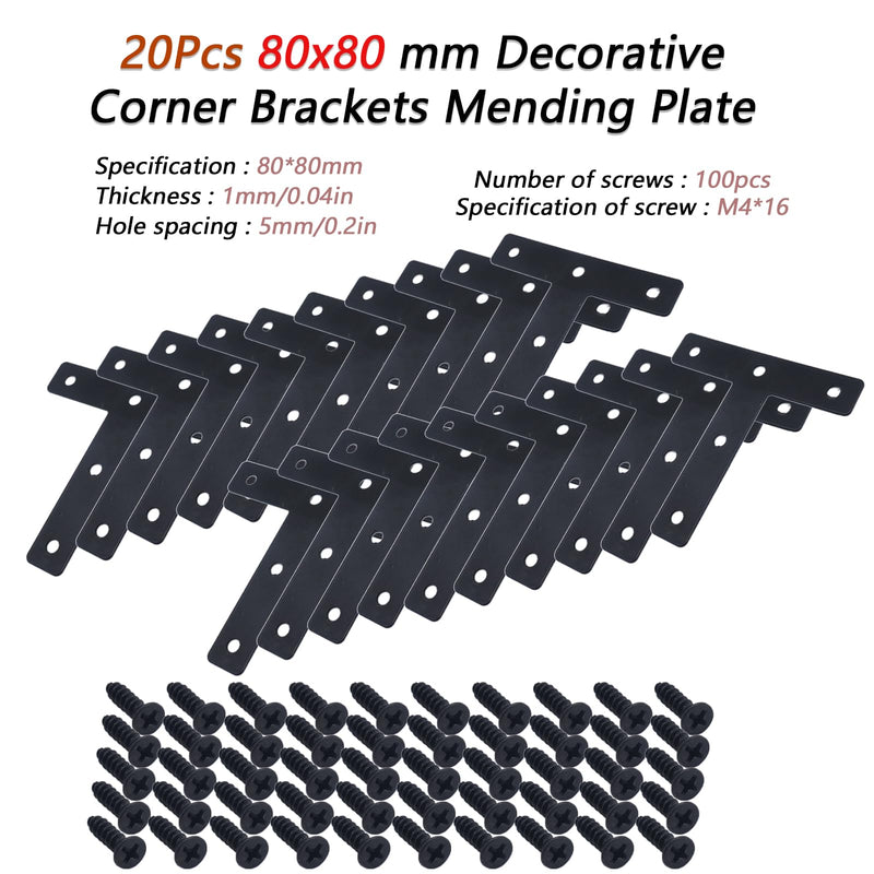 20pcs T Flat Shape Braces Corner Bracket, 80x80 mm Decorative Corner Brackets Mending Plate, Stainless Steel T-shaped Bracket for Wood Furniture Fixing T Black 80x80 mm