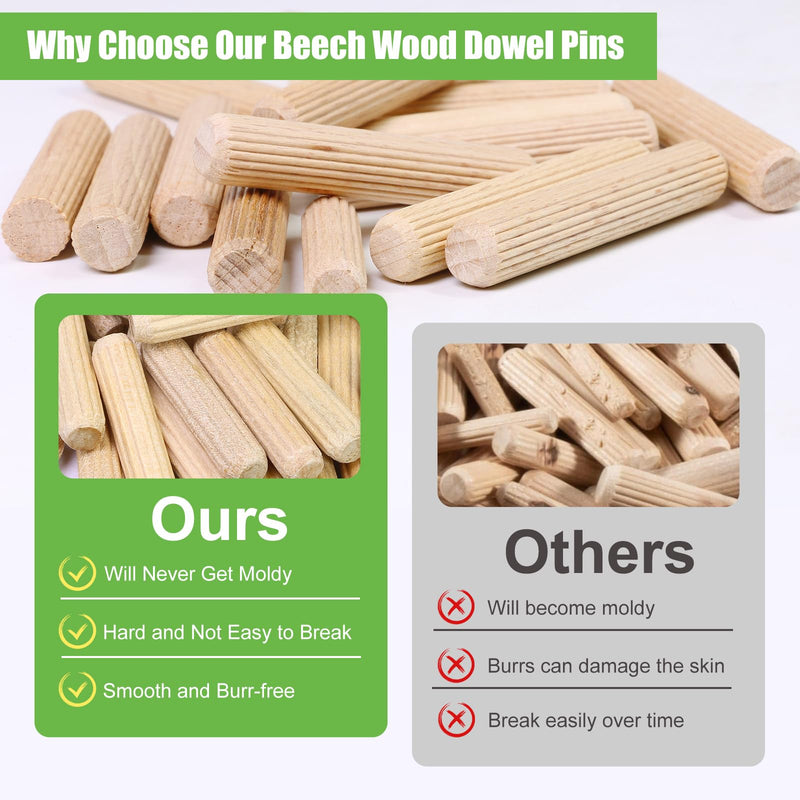 1/4" x 1-1/2" Wooden Dowel Pins, FoDau770 Fluted Wood Dowel Rods, Natural Beech Wood Dowel Pegs for Crafts, Woodworking, DIY Furniture - 200 Pieces 1/4" x 1-1/2"