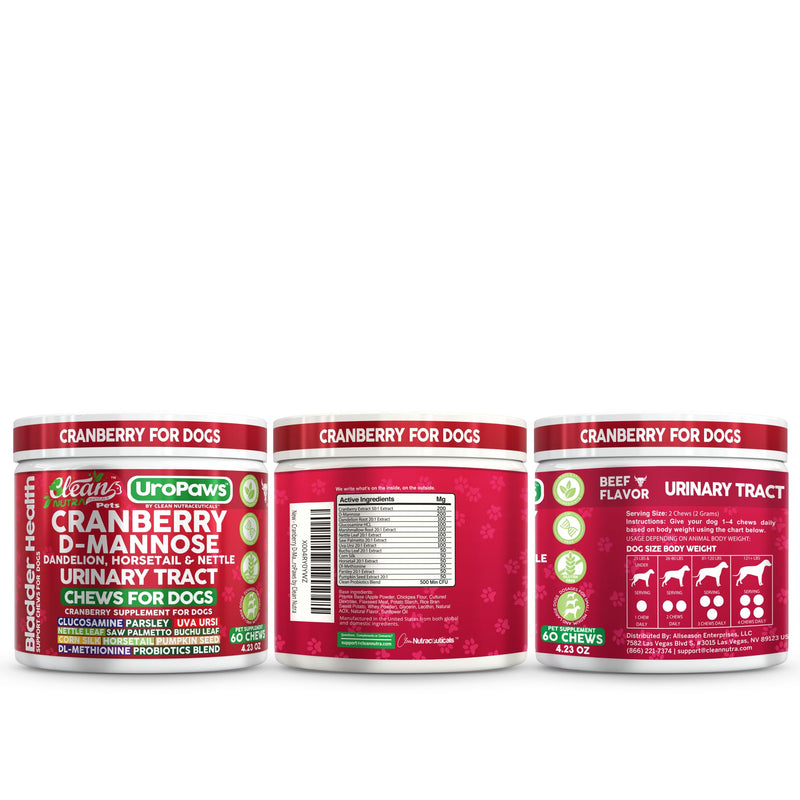 Dog UTI Treatment | Cranberry for Dogs | Urinary Tract Bladder Control | D-Mannose Dandelion Glucosamine HCL Marshmallow Nettle Leaf Saw Palmetto Uva Ursi Horsetail Beef Flavor by Clean Nutra Pets