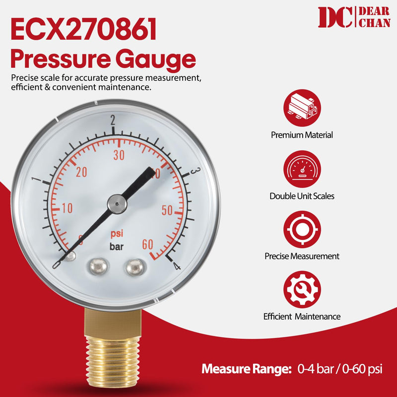 DEX2400S Filter Air Gauge Adapter Assembly + ECX270861 Pressure Gauge + DEX2400Z3A O-Ring Set for Filter Relief Valve Stem Fit for Hayward Most Swimming Pool Filters