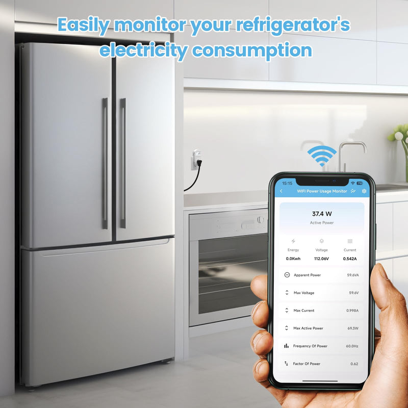 WiFi Electricity Usage Monitor, Plug-in Power Meter with Audible Alarm, Refrigerator Power Consumption Monitoring and Electricity Bill Statistics