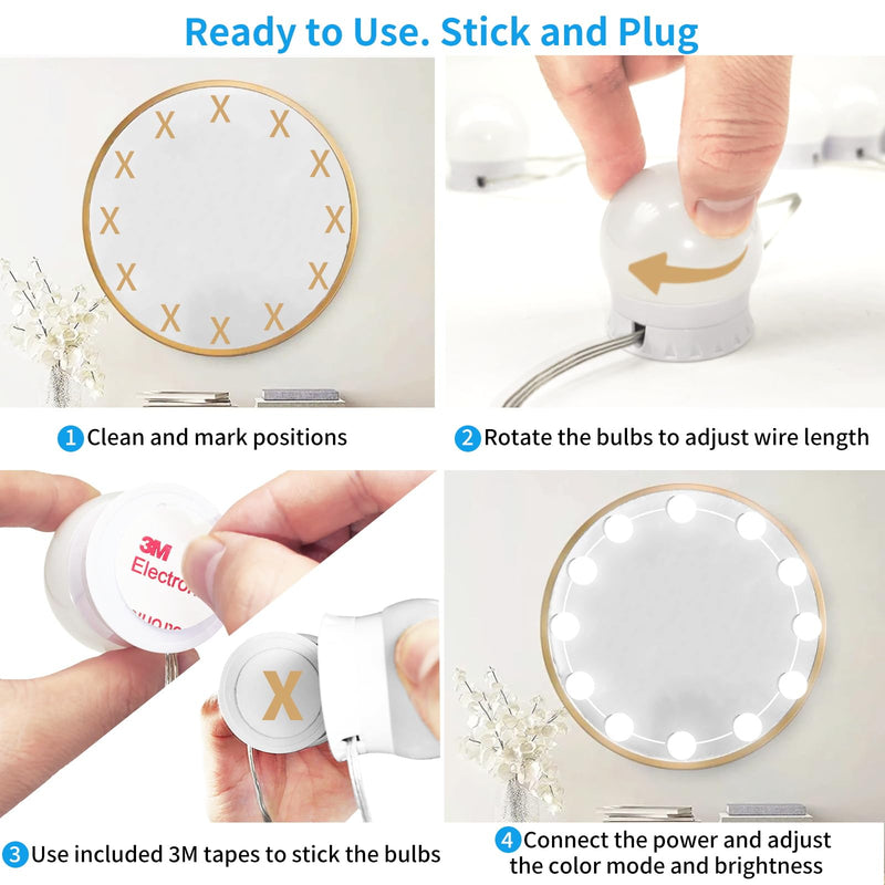 LED Vanity Mirror Lights with 12 Stick On Dimmable Bulbs, 3000K 4500K 6500K & 10 Brightness Levels Adjustable, Plug in USB Cable, Hollywood Style Mirror Lights for Makeup Desk Bathroom Dressing Room 12 Bulbs - NewNest Australia