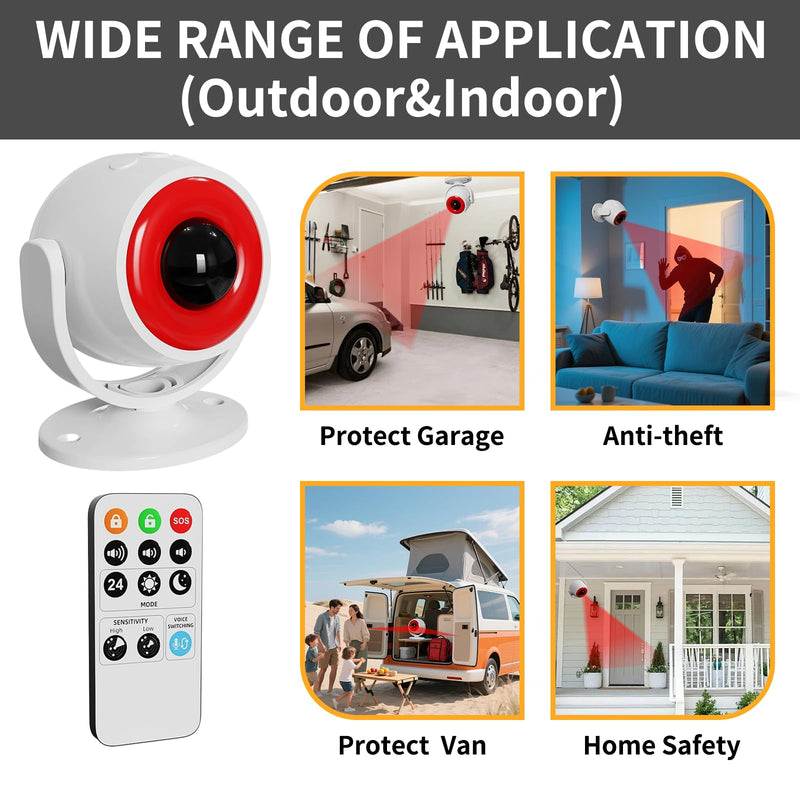 2 Pack Wireless Motion Detector Alarm for Indoor Use, PIR Motion Sensor with Sound Player for Pets, Dogs & Animal Deterrent, Intruder Alert & Remote Safety System, Noise Maker Sensor de Movimiento 2 Pack