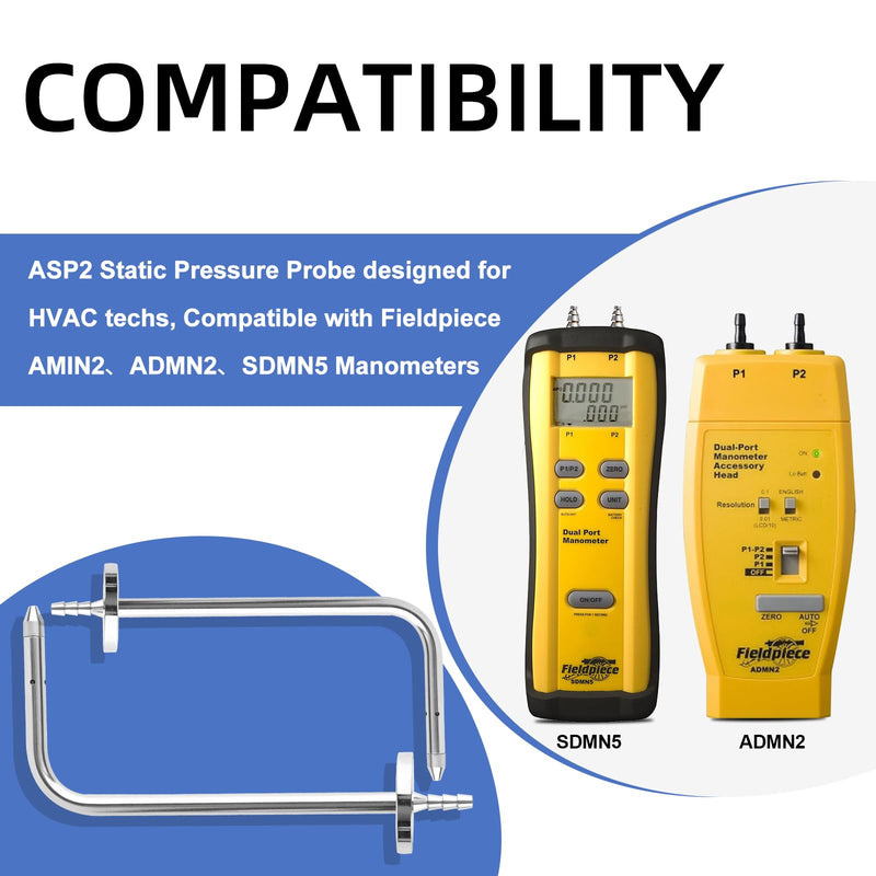 ASP2 Static Pressure Probe for HVAC Fieldpiece Manometers, ADMN2, AMIN2, SDMN5, and Pitot Tubes with Magnetic Flanges, Stainless Steel Static Pressure Probe (2 Pack)