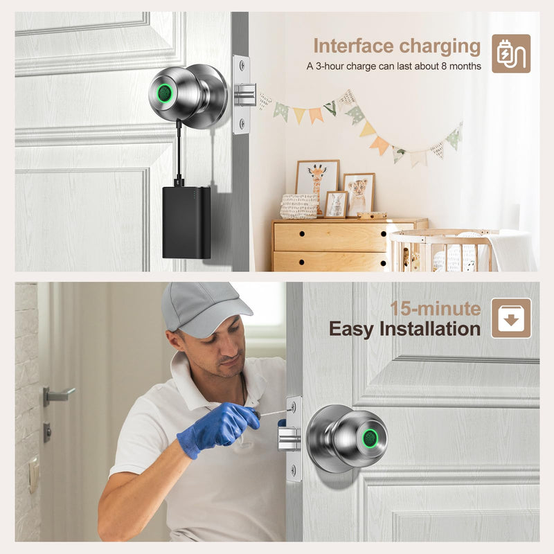 Fingerprint Door Lock，Smart Door Knob, Smart Lock Biometric Door Lock Fingerprint Door knob with App Control Suitable for Bedroom,Utility Room,Apartments Offices,Hotels(Silver) Silver