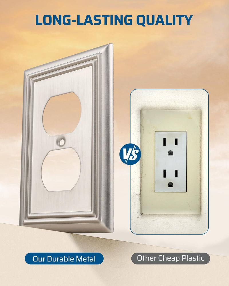 DEWENWILS 4-Pack Duplex Wall Plate, Metal Wall Outlet Cover for Receptacle, Light Switch, Brushed Nickel 1 Duplex 4PK