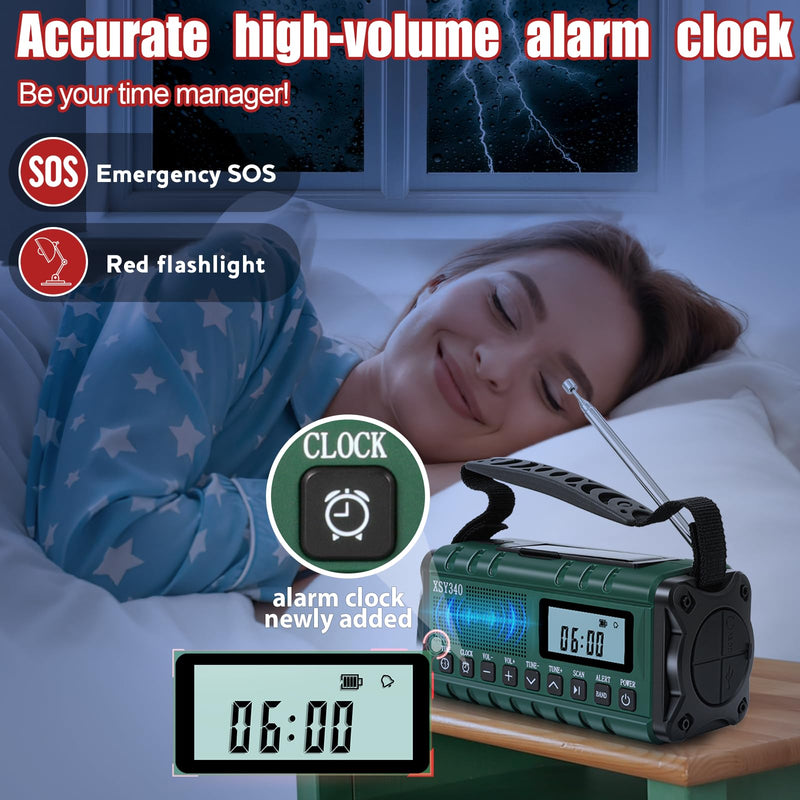 Emergency NOAA Weather Alert Radio with Solar & Hand Crank USB-C Charging Portable AM/FM Radio 3W Flashlight, Reading Lamp, Cell Phone Charger, SOS for Hurricane, Storm, Camping Emergencies Army Green