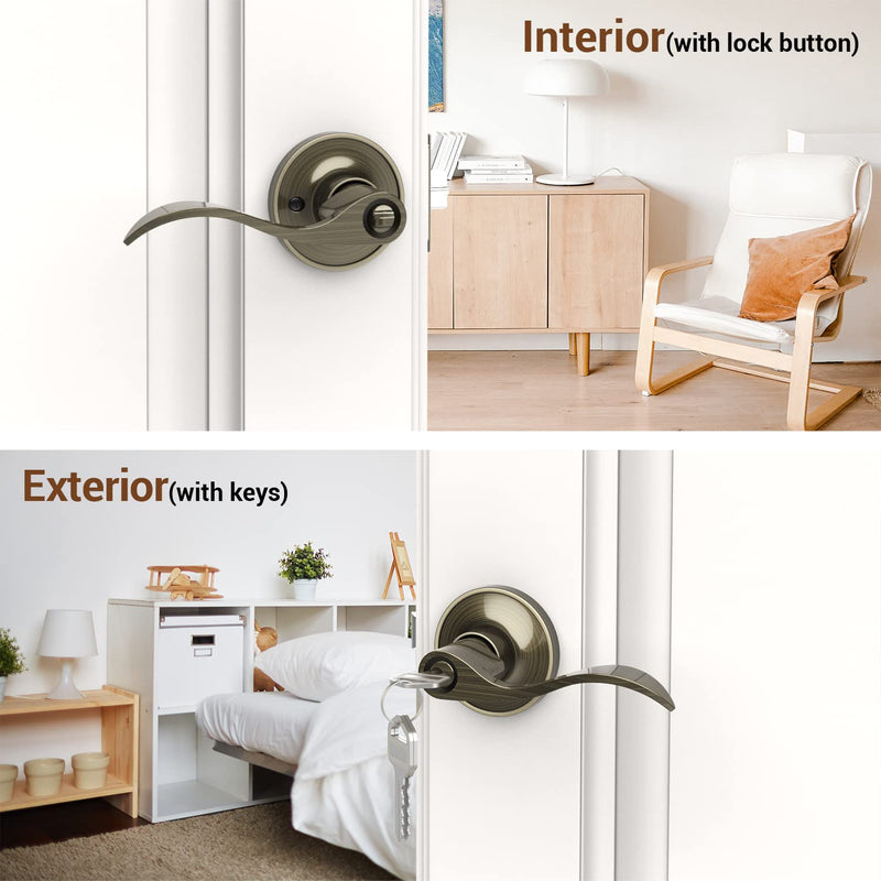 Door Handle with Lock, Ohuhu Bronze Door Knobs Interior Exterior Door Lock Lever with Key Antique Brass for Bedroom Bathroom Privacy not Keyed Alike Wave Style Entry locksets Zinc Alloy 2 Pack