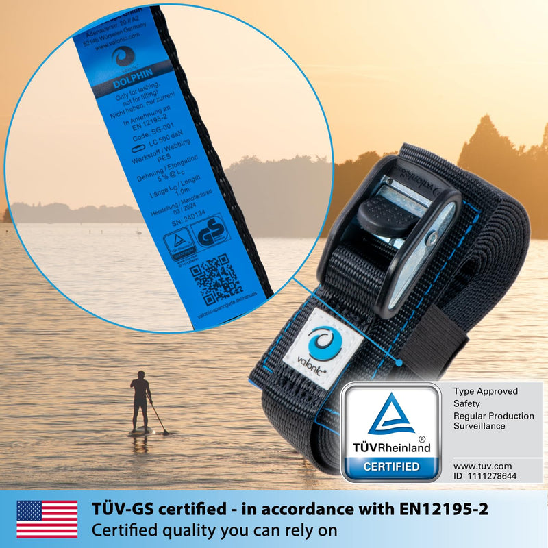 valonic Dolphin - Short tie Down Straps - 2 Pack, 3.3 ft x 1 inch, 2200 lbs, TÜV Rheinl. Certified, Protection pad, cam Buckle - for Bicycle, roof Rack, Luggage, Motorcycle