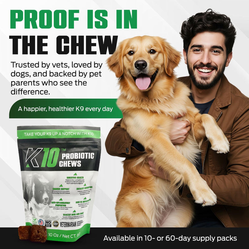 K10 Probiotic Chews for Dogs (60ct) – Advanced Digestive Support with Probiotics, Prebiotics & Superfoods – Vet-Preferred Dog Supplement for Digestion, Immunity, Skin, Coat & Everyday Vitality Probiotic 60 Count