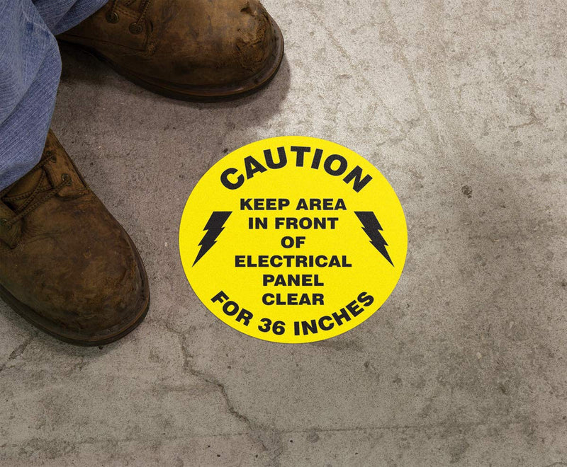 AccuformNMC Floor Sign "Caution Keep Area in Front of Electrical Panel Clear for 36 Inches", 8" Diameter Non-Slip Adhesive Vinyl Electrical Panel Sign, Yellow, Made in the USA, MFS865 8"