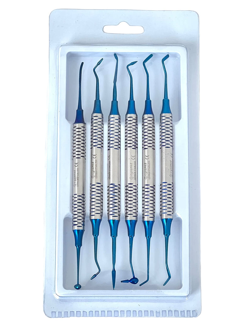 German Stainless-Dental Composite Non Stick Filling Instruments Kit in Stainless Steel Cassette (6 PCS Blue Titanium Coated)-Cynamed