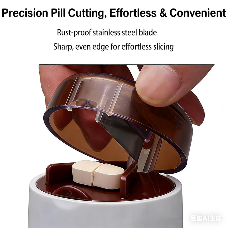 3-in-1 Pill Crusher and Cutter with Storage, BPA-Free Pill Grinder for Fine Powder, Stainless Steel Blade & Grinding Head, Portable Pill Splitter for Elderly, Pets, Travel (Brown) Brown