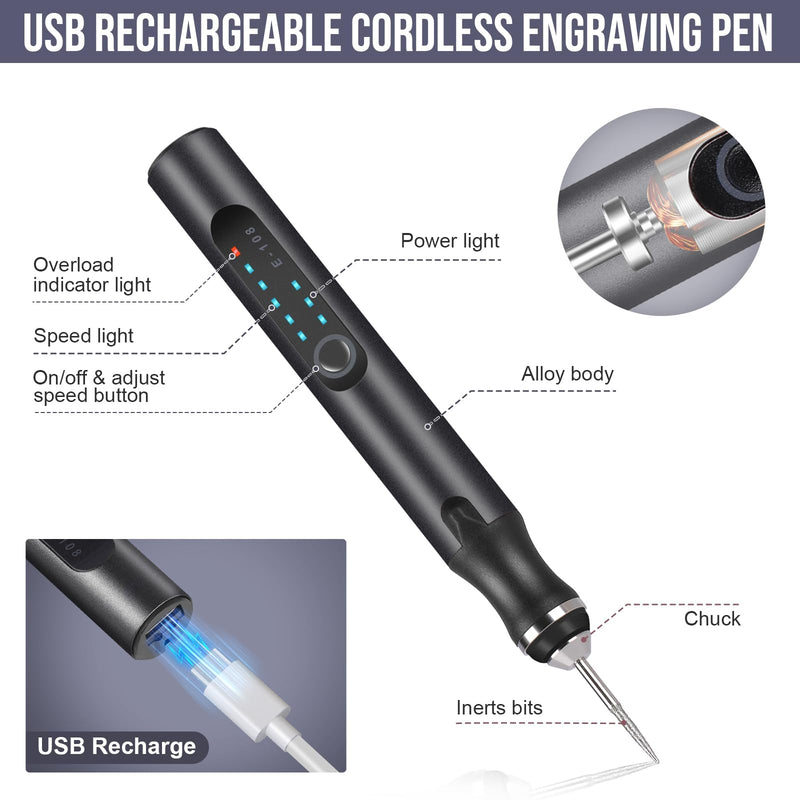 Electric Engraving Pen with 37 Bits, USB Rechargeable Cordless Engraving Machine, Portable DIY Rotary Engraver for Jewelry Wood Glass Stone Carving, Black