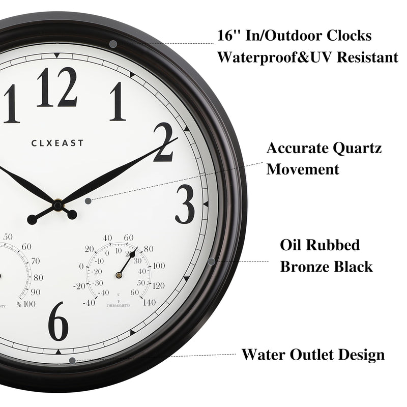 CLXEAST Indoor Outdoor Clocks Waterproof 16 Inch, Large Outdoor Clock with Temperature and Humidity for Patio,Porch,Pool,Oil Rubbed Bronze Black Finish,House Warming Gifts New Home Oil Rubbed Bronze Black