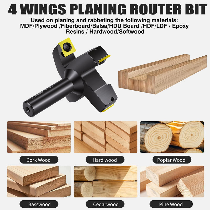 CNC Spoilboard Surfacing Router Bit,4 Wings 1/2" Shank 2-1/2" Cutting Diameter,10 PCS Carbide Insert, Woodworking Tools for Hardwood & Softwood Surfacing Flattening Planing Bit S12.7*D63.5*4T