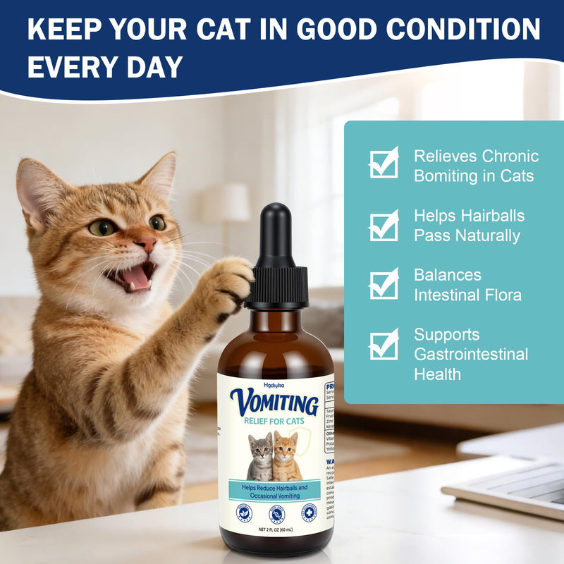 Cat Vomit Remedy for Cats, Vomiting Relief Drops with Probiotics, Digestive Support Liquid Helps Reduce Vomiting Hairballs and Sensitive Stomach, Supports Intestinal Balance Easy to Mix - 2 FL OZ