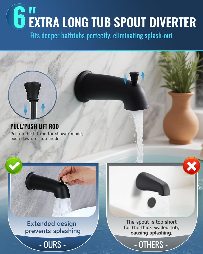 Slip On Bathtub Spout with Diverter, Extra Long 6 Inch Bathtub Spigot, Shower Spout with PTFE Tape & Hex Wrench, Fits for 1/2" IPS Threads,Matte Black Matte Black