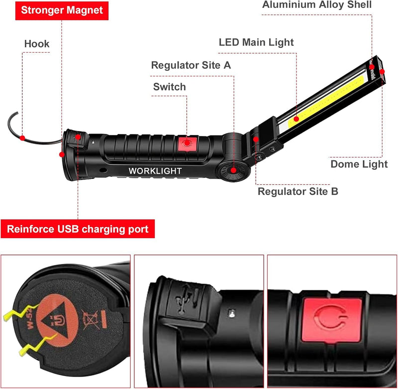 Rechargeable LED Work Light with Magnetic Base and Hanging Hook,360°Rotate &5Modes Ultra Bright LED Flashlight,worklight for Mechanic Car Repair,Emergency,Workshop,Tool Gifts for Men (Black 3PCS) Black 3PCS