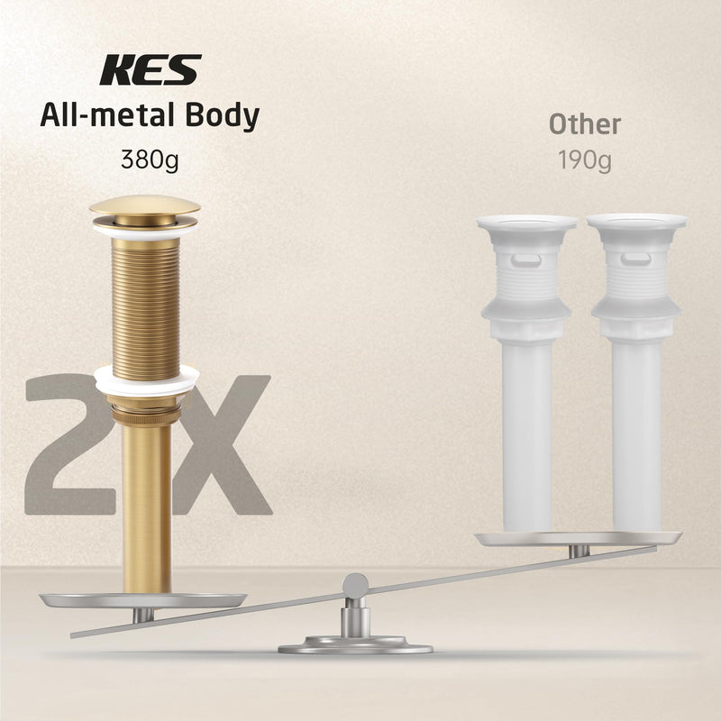 KES All-Metal Pop Up Bathroom Sink Drain, Extended Thread for Thicker Vessel Sinks & Countertops, Durable Brass & Stainless Steel, No Overflow, Brushed Gold, S2022D-BZ NO Overflow, Long Thread