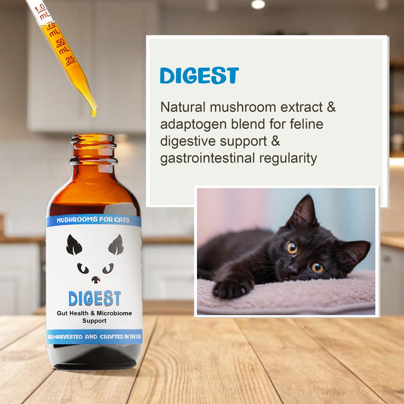 MycoCat Digest - Mushroom Extract & Adaptogen Tincture Cat Supplement - Cat Digestive Support Blend - Roots, Herbs, & Mushroom Extracts Including Chaga, Shiitake, & Turkey Tail