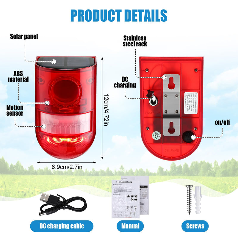 Qualirey 2 Pack Solar Sound and Light Alarm Motion Sensor 129db Outdoor Security Siren Waterproof Motion Activated Detector Alarm 6 LEDs Flash Warning Strobe System for Home, Farm (Red) Red