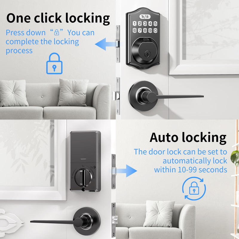 Smart Door Lock Set for Front Door with 2 Lever Handles: Keyless Entry via Fingerprint & Digital Keypad - Electronic Deadbolt App Control and Auto Lock for Easy Installation & Family Security Black