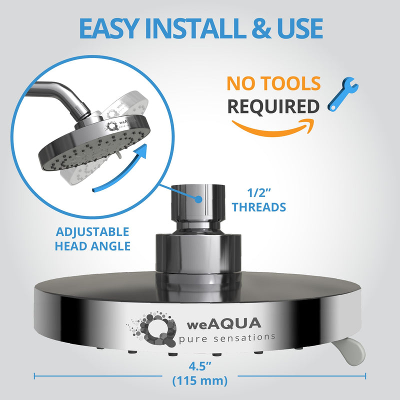 weAQUA Shower Head High Pressure 2 PACK – 4.5 Inch, 5 Spray Modes, 72 Anti-Clog Nozzles, Easy 1-Min Installation, Fixed Shower Heads for Powerful Bathroom Upgrade (STD-SHWR-HD02) 2 Pack - Chrome